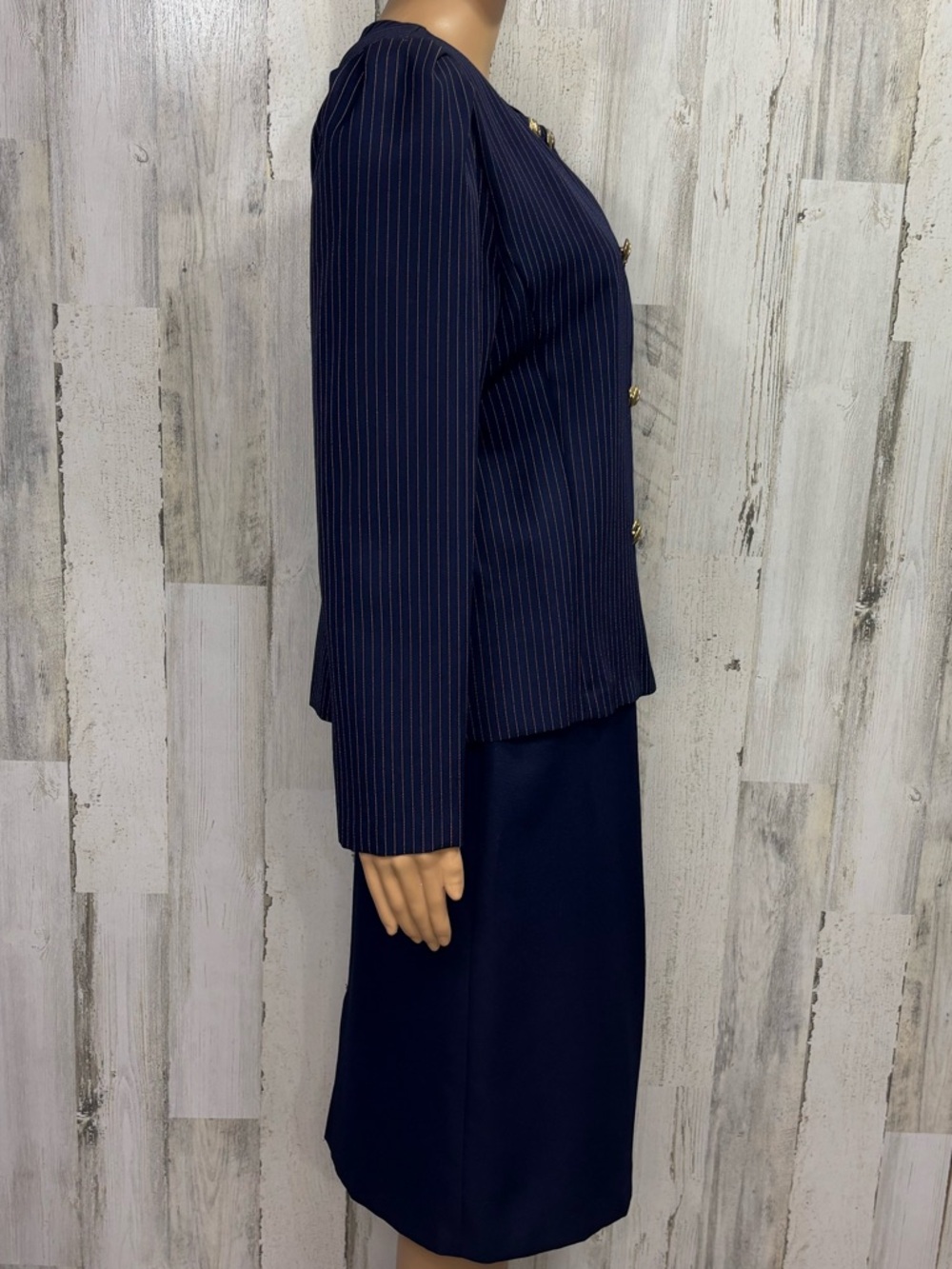 Good Times Vintage 80’s Navy Pinstripe Double-Breasted Skirt Suit - Picture 7 of 10